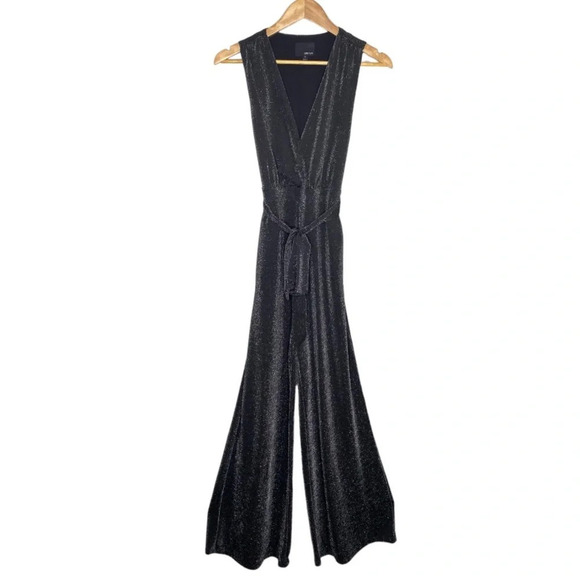 Anthropologie Greylin Black Shimmer Glitter Plunge Neck Wide Leg Jumpsuit Small - Picture 2 of 12